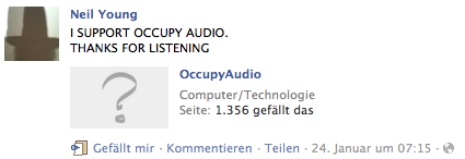 Neil Young unterstützt Occupy Audio. Facebook-Screenshot.